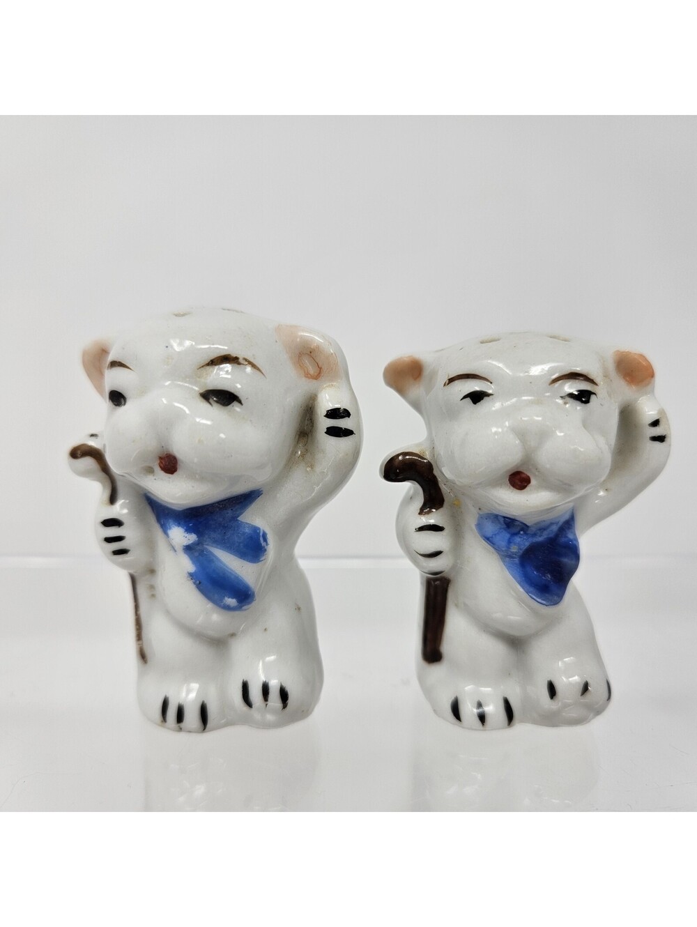 Vintage Japan Ceramic Anthropomorphic Dog Cane Blue Scarf Salt Pepper Shakers